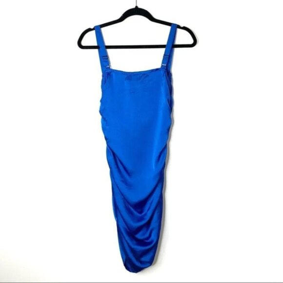 Lioness Mysterious Girl Mini Dress Ruched Satin Shiny Cobalt Blue Size Medium - Picture 14 of 16
